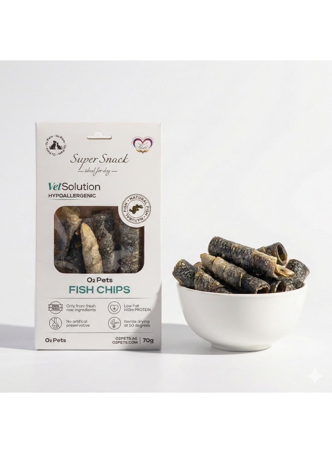 O2Pets Dog and Puppy Fish Chips Hypoallergenic Treats – 100% Cod Skin Single Ingredient Snack – Healthy Reward for Sensitive Skin, Food Sensitivities & Gentle Digestion, Natural Dental Plaque Prevention 70g - Image 1